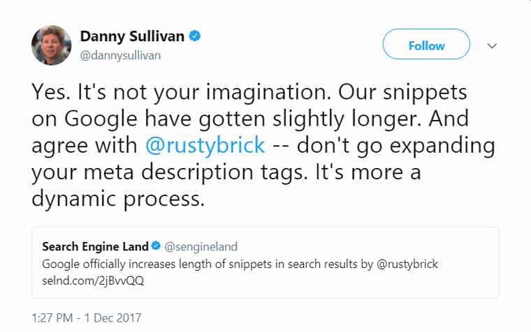 توییت گوگل در مورد طولانی شدن توضیحات متا